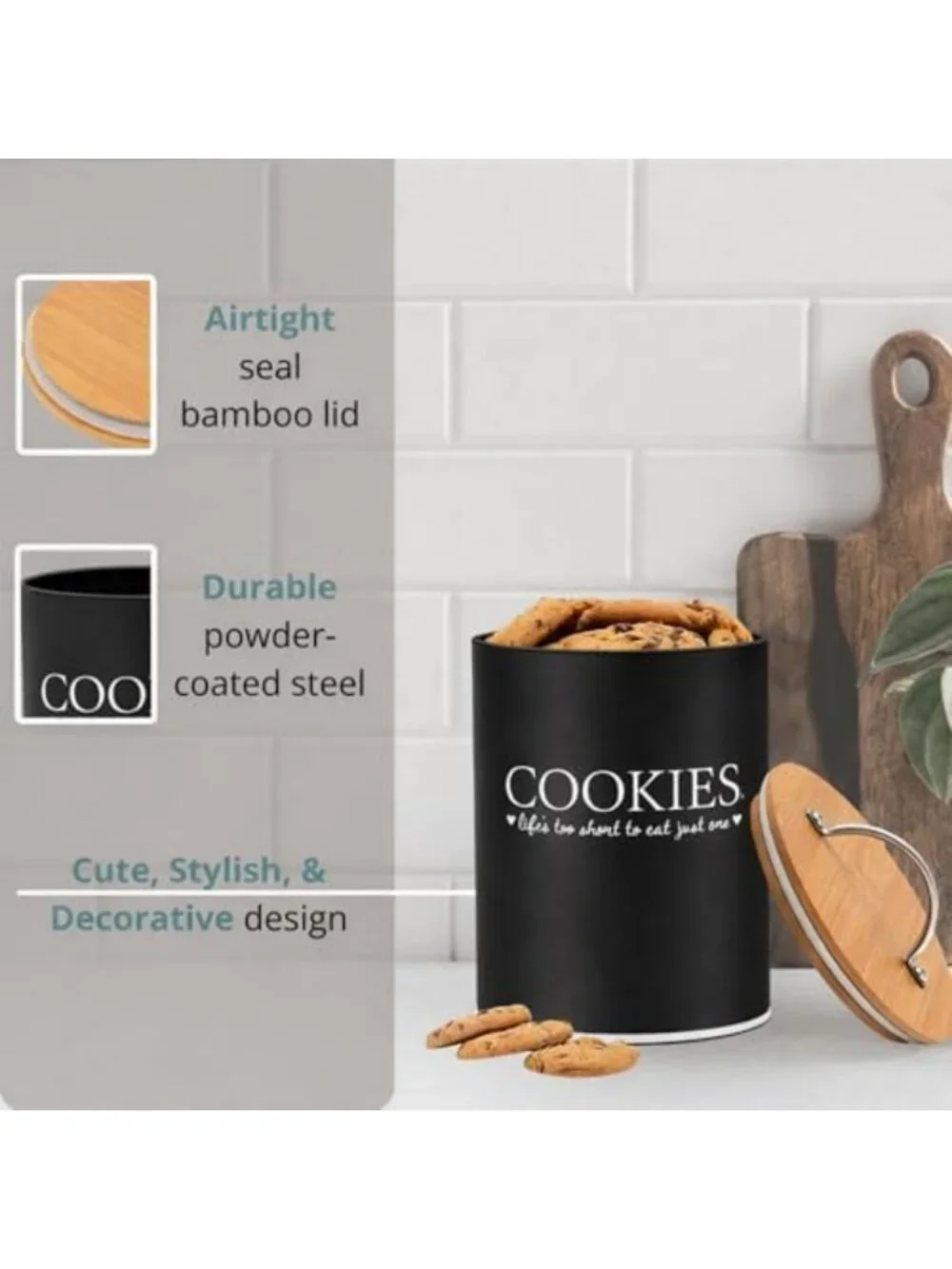 Airtight Cookie Jar with Bamboo Lid - 1.1 Gallon, Farmhouse Style, Black Decor